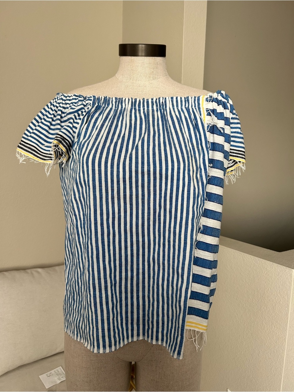 Lemlem Blue & White Striped Off-Shoulder Blouse with Yellow Trim